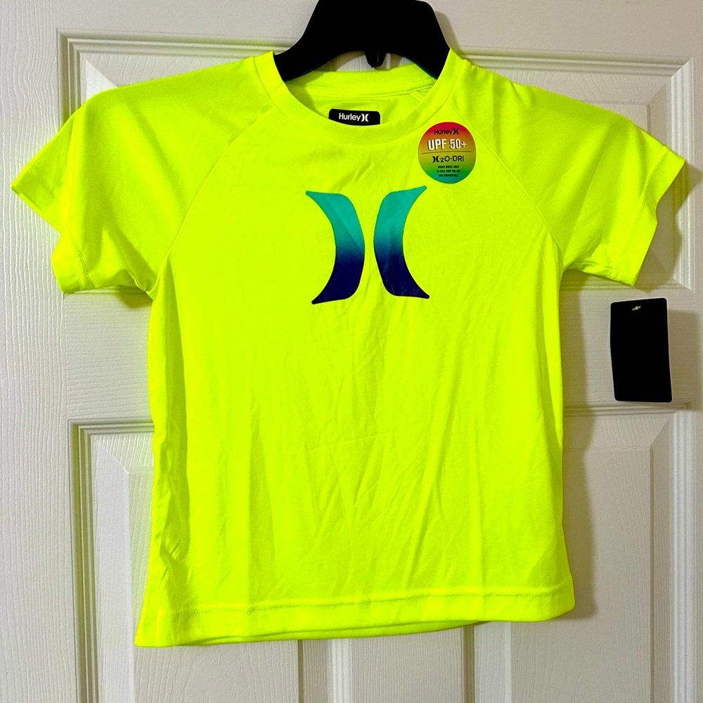Brand New with Tags Boys Hurley H20-Dri Neon Yellow Rash Guard Swim Shirt Size 7
